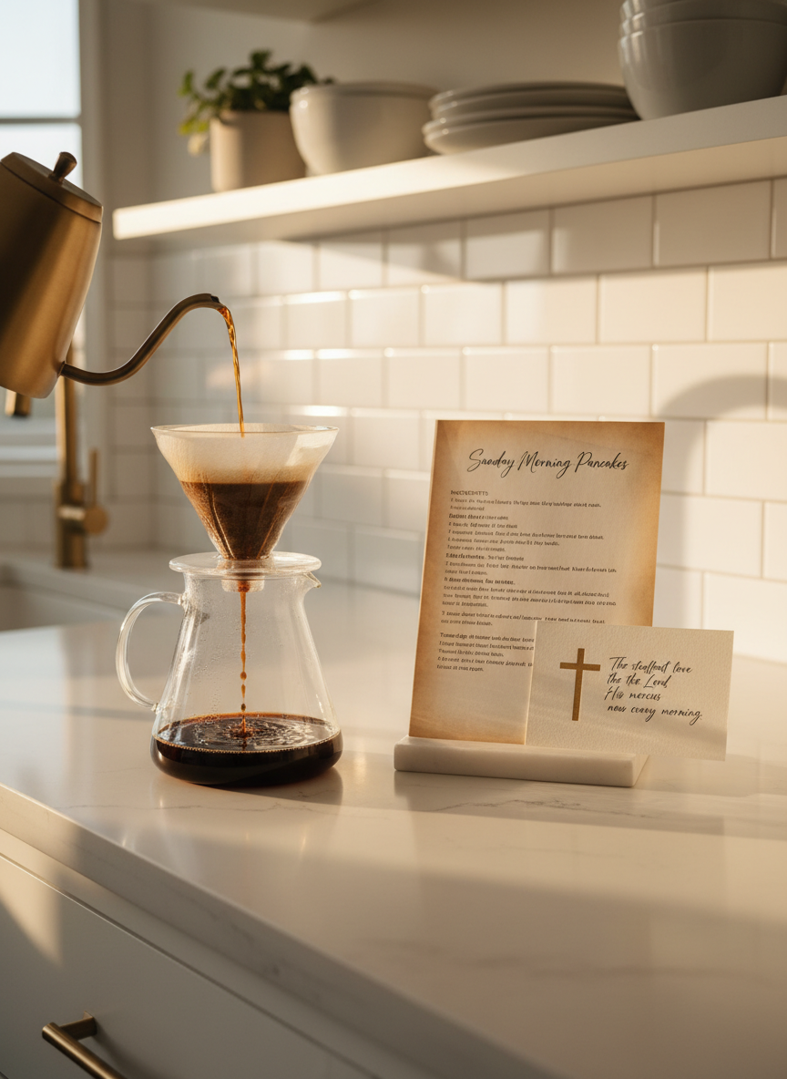 A beautifully organized kitchen counter in photographic realism, featuring a sleek glass pour-over coffee maker mid-brew, dark coffee cascading in a thin stream over rich grounds into a clear carafe. Nearby, a marble recipe stand holds an open, handwritten family recipe card titled “Sunday Morning Pancakes,” with a small, elegant Scripture card propped against it. The countertop is light quartz with faint veining, backed by a white subway tile backsplash and brushed brass fixtures. Soft golden hour sunlight enters from the left, glinting off the glass and brass, casting gentle, comforting shadows. Shot from a slightly elevated angle with sharp focus on the pour-over and recipe card, background cabinets subtly blurred. The mood is warm, hopeful, and homely, suggesting grace-filled rhythms of family life anchored in faith and simple rituals like coffee.