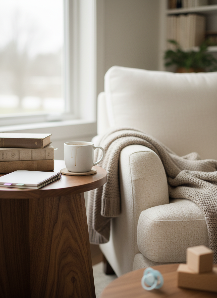 A cozy, thoughtfully styled reading nook featuring a plush, oatmeal-colored armchair draped with a knitted throw in soft taupe, facing a small round side table made of warm walnut. On the table rests a stack of three devotional books, a slim spiral notebook with neat tabs, and a matte white ceramic mug bearing faint coffee rings on its coaster. A wooden toy block and a pastel pacifier lie just at the edge of the frame, hinting at nearby little ones. Soft overcast daylight streams from a nearby window, creating gentle, even illumination with minimal shadows. Photographic realism, captured at a three-quarter angle with a shallow depth of field, the background dissolving into creamy bokeh. Mood is serene yet lived-in, sophisticated but approachable, reflecting faith-filled motherhood in the everyday.