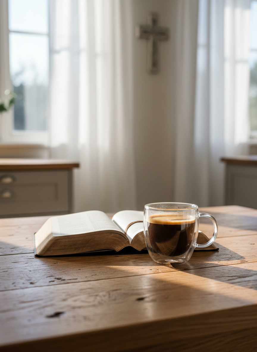 A meticulously arranged farmhouse-style kitchen table set for quiet morning devotion, featuring an open, well-worn leather Bible with softly curled pages beside a double-walled glass mug of freshly brewed coffee, rich crema swirling on top. The table is weathered oak with visible grain and subtle imperfections, positioned near a large window framed by sheer white curtains. Soft morning sunlight filters in, casting gentle, elongated shadows and warm highlights on the page edges and mug rim. In the softly blurred background, neutral cabinetry and a ceramic cross on the wall create a serene, Christ-centered atmosphere. Photographic realism, shot at eye level with a shallow depth of field, minimalist and sophisticated, calm and contemplative in mood.