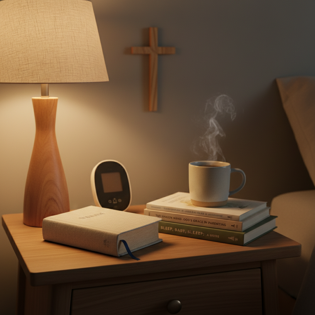 A serene bedroom nightstand scene in photographic realism, featuring a simple, natural-wood bedside table holding a closed linen-bound Bible with a ribbon marker, a small stack of parenting books with neutral covers, and a pale ceramic mug half-filled with coffee, faint steam still rising. A baby monitor with a soft, dim glow rests unobtrusively at the back. The wall behind is painted a warm, muted greige, with a minimalist wooden cross hanging slightly off-center. A single linen-shaded lamp casts warm, intimate light, creating soft pools of illumination and gentle shadows that taper into darkness. Shot at eye level with a modest depth of field, the background subtly blurred. The mood is reflective and slightly weary yet hopeful, suggesting late-night prayers and quiet dependence on Jesus in the thick of motherhood.