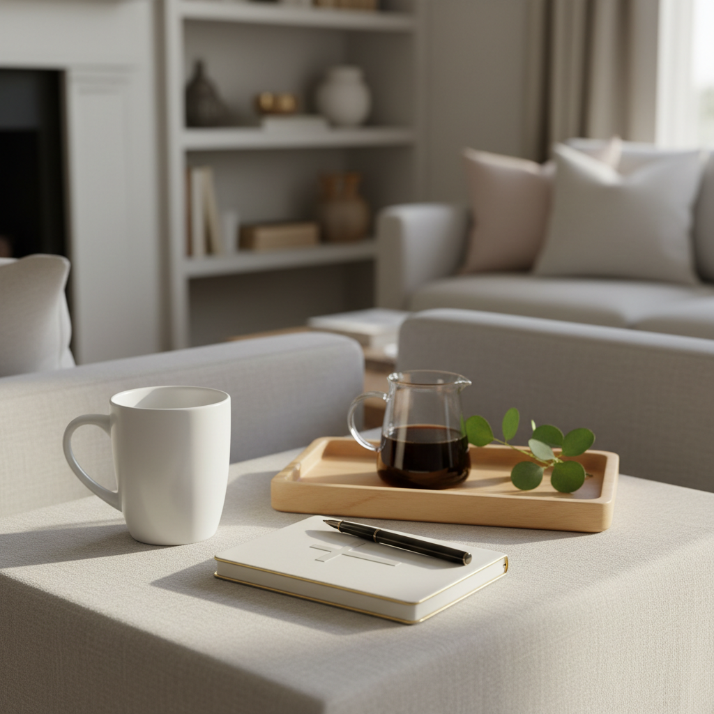 A pristine white stoneware coffee mug with a slender, elegant handle rests on a pale linen-covered side table, next to a slim gold-edged journal embossed with a subtle cross and a fine-tipped pen. A simple wooden tray holds a small glass carafe of coffee and a sprig of eucalyptus. The scene is set in a bright, peaceful living room corner with built-in bookshelves and soft neutral decor, all tastefully out of focus. Late-afternoon natural light pours through an unseen window, creating diffused highlights on ceramic, glass, and metal surfaces, with gentle shadows adding depth. Photographic realism, shot from a slightly elevated angle with rule-of-thirds composition, sophisticated and calm, evoking a quiet moment of reflection in faith-filled motherhood.