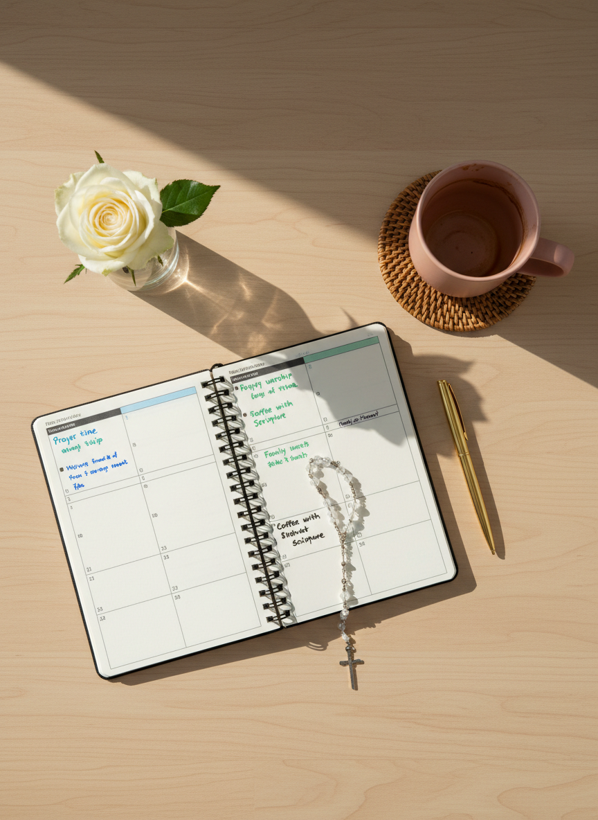 A carefully curated flat lay on a pale wooden table, arranged with a spiral-bound planner opened to a weekly layout, pages filled with neat, color-coded notes such as “Prayer time,” “Family worship,” and “Coffee with Scripture.” A delicate rosary-style beaded bookmark lies across the page, next to a slim gold pen. A matte blush ceramic mug with traces of coffee around the inner rim rests on a woven rattan coaster, while a small vase holds a single white rose. Soft, diffused morning light from an unseen window creates gentle shadows and subtle highlights along the pen and mug edges. Photographic realism, shot from a true overhead bird’s-eye view with balanced, minimalist composition. The atmosphere is orderly yet tender, sophisticated and peaceful, evoking intentional, Christ-centered family routines.