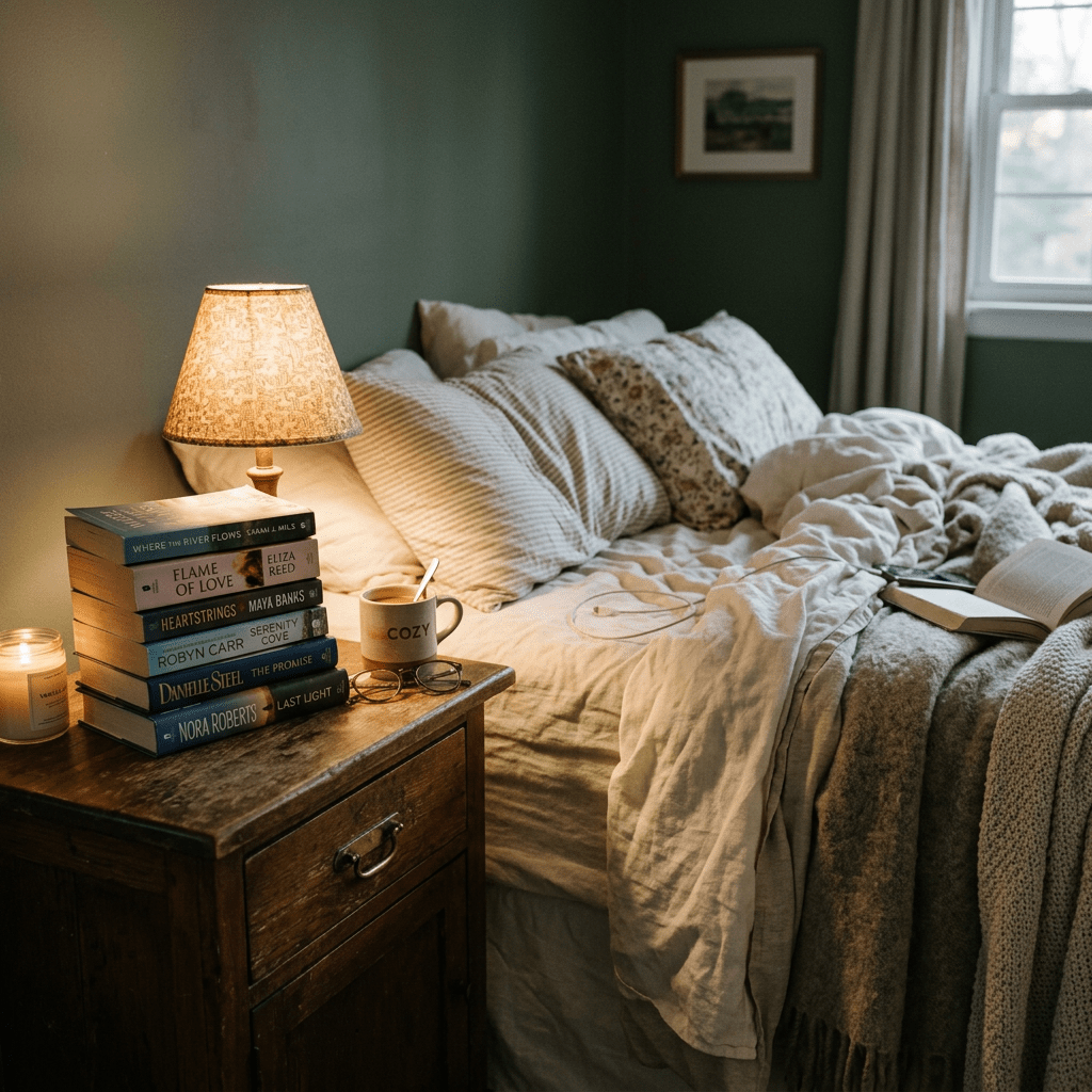 Nighttime bedside table with lamp, stacked books, candle, and cozy bed