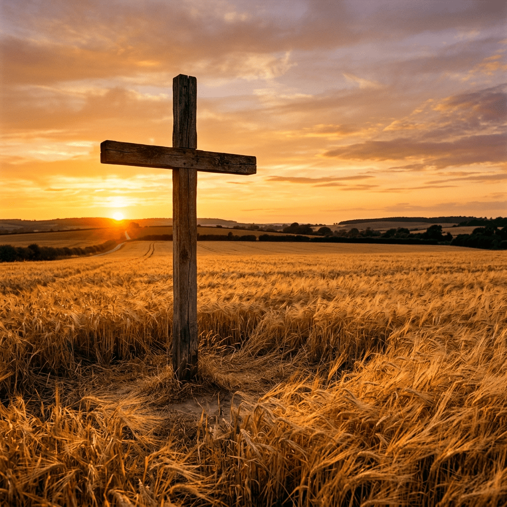 Wooden cross in a wheat field under a colorful sunset sky