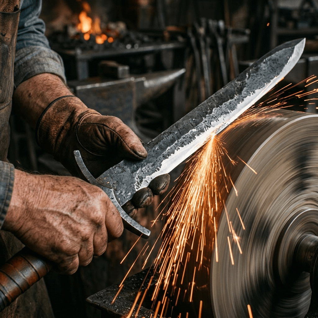 Blacksmith sharpening a large knife blade on a spinning grinding wheel with sparks