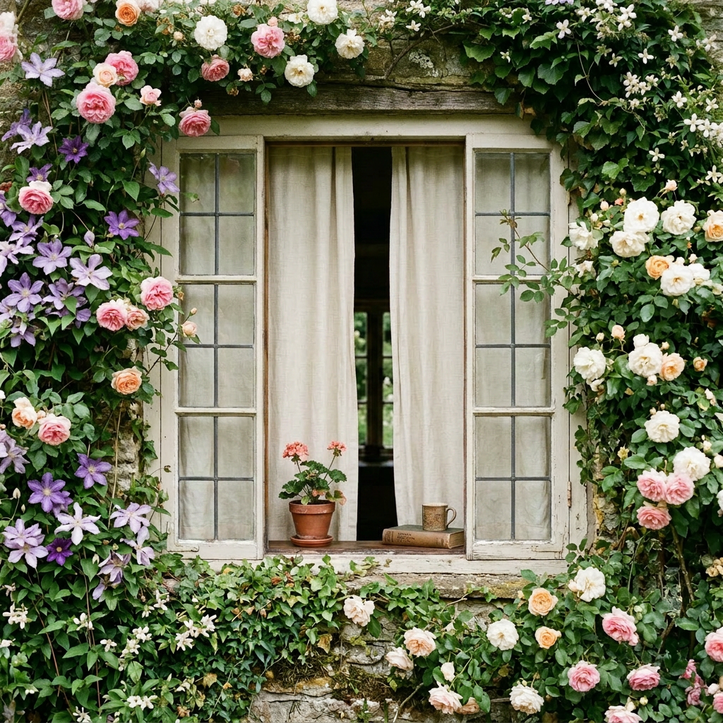 Open cottage window framed by pink, white, and purple flowers with a potted plant and a mug on the sill