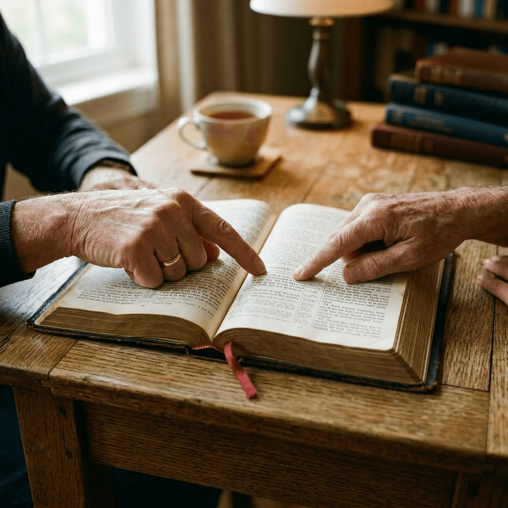Hands of two people pointing at a passage in an open Bible on a wooden table