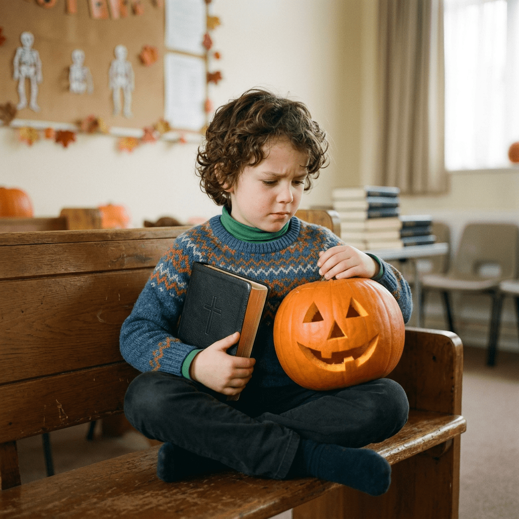 Young boy holding a Bible and a Jack-o'-lantern with a puzzled expression