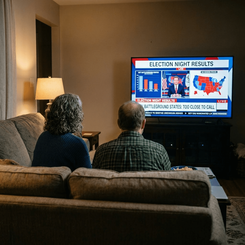 Middle-aged couple sitting on couch watching live election night results on television
