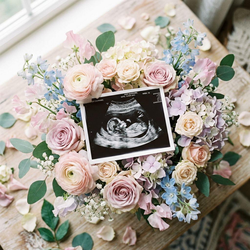 Ultrasound image showing a fetus surrounded by pastel flowers