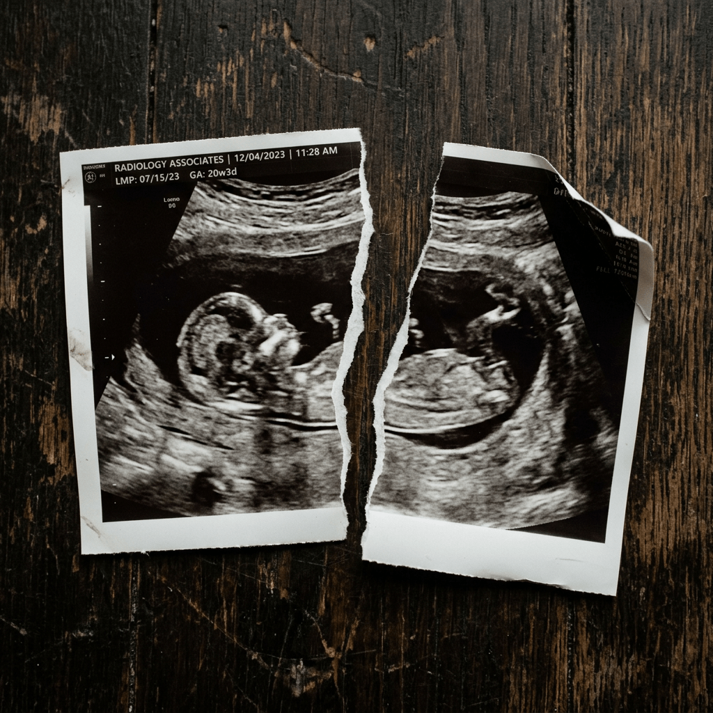 Torn ultrasound scan of a fetus on a wooden background