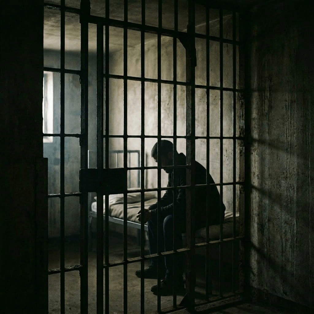 Silhouette of a man holding prison cell bars in a dimly lit room