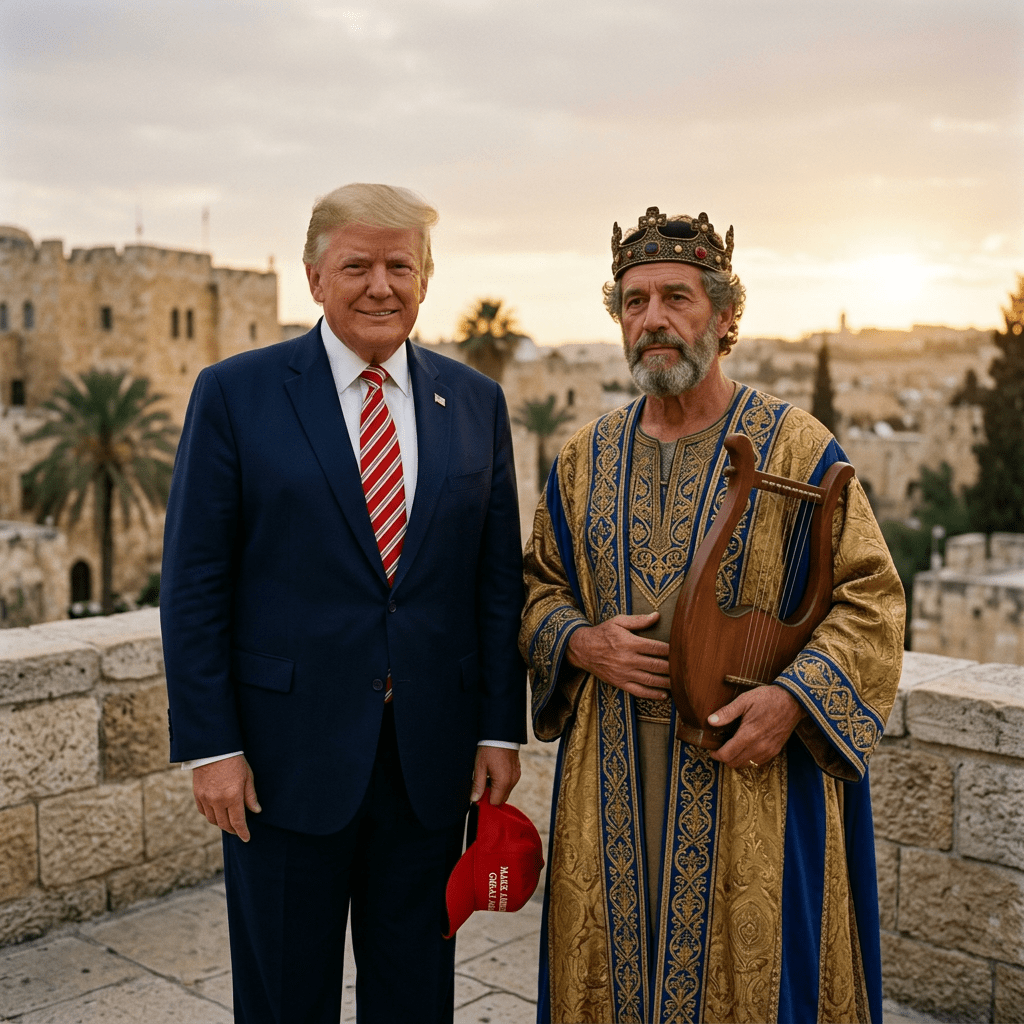 Donald Trump in a suit with a red striped tie holding a red hat, standing next to a bearded man in king's robes and crown holding a lyre.