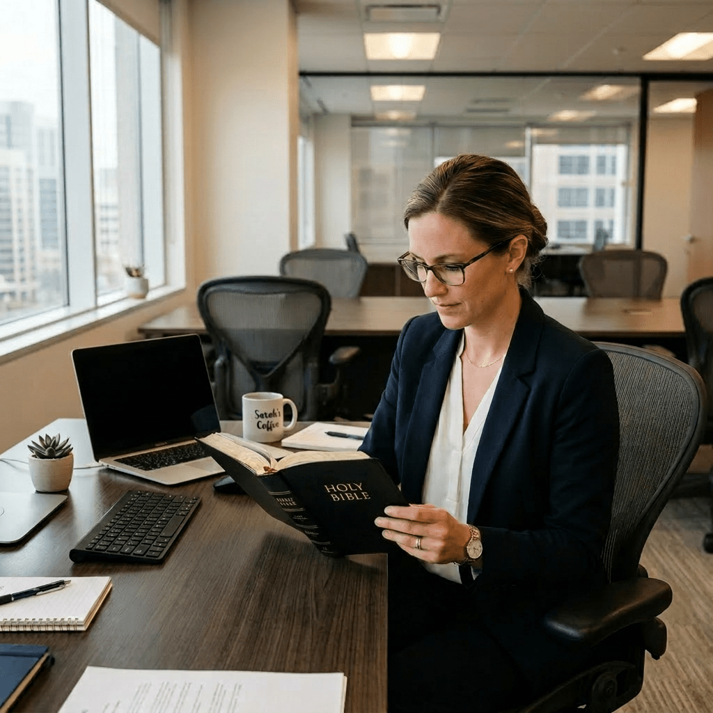 Woman in business attire reading the Holy Bible in an office setting
