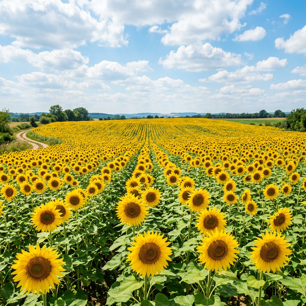 Field of blooming sunflowers stretching towards the horizon under a partly cloudy sky