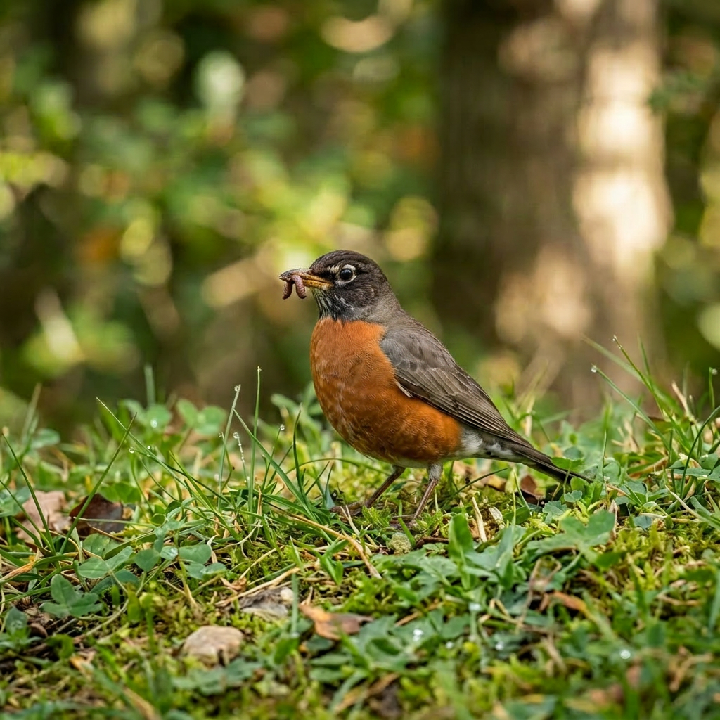 American robin on grass with a worm in its beak