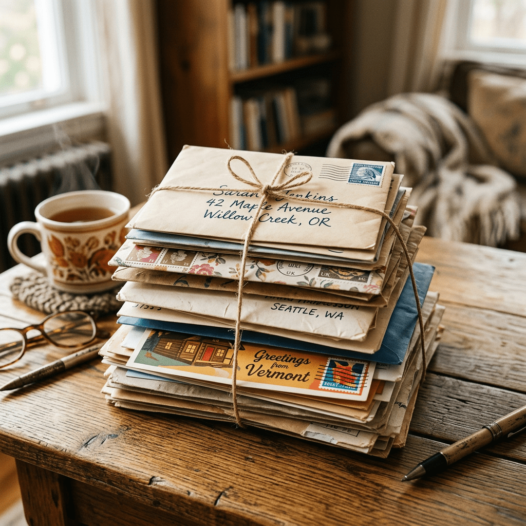Stack of vintage letters and postcards tied with twine on a wooden table
