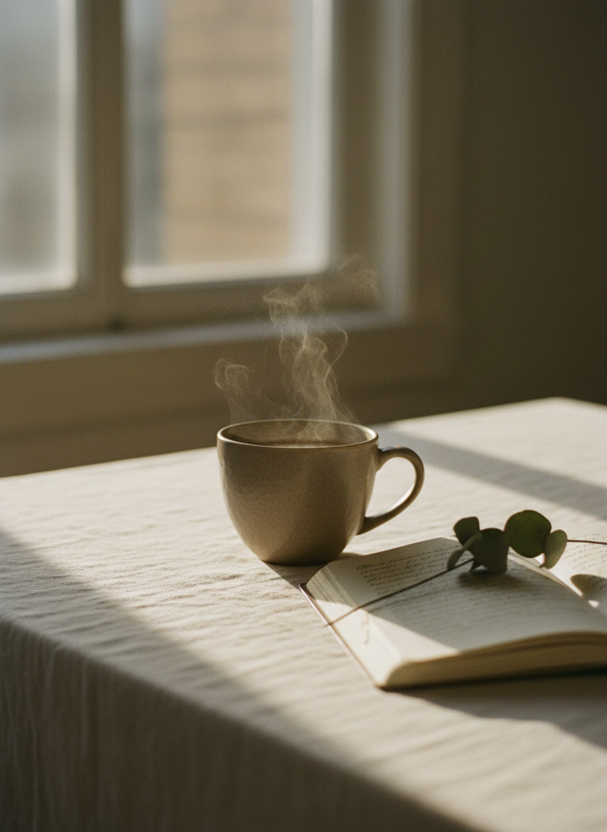 A steaming ceramic coffee cup on a linen-covered table beside an open journal and dried eucalyptus, warm morning light, muted earthy tones